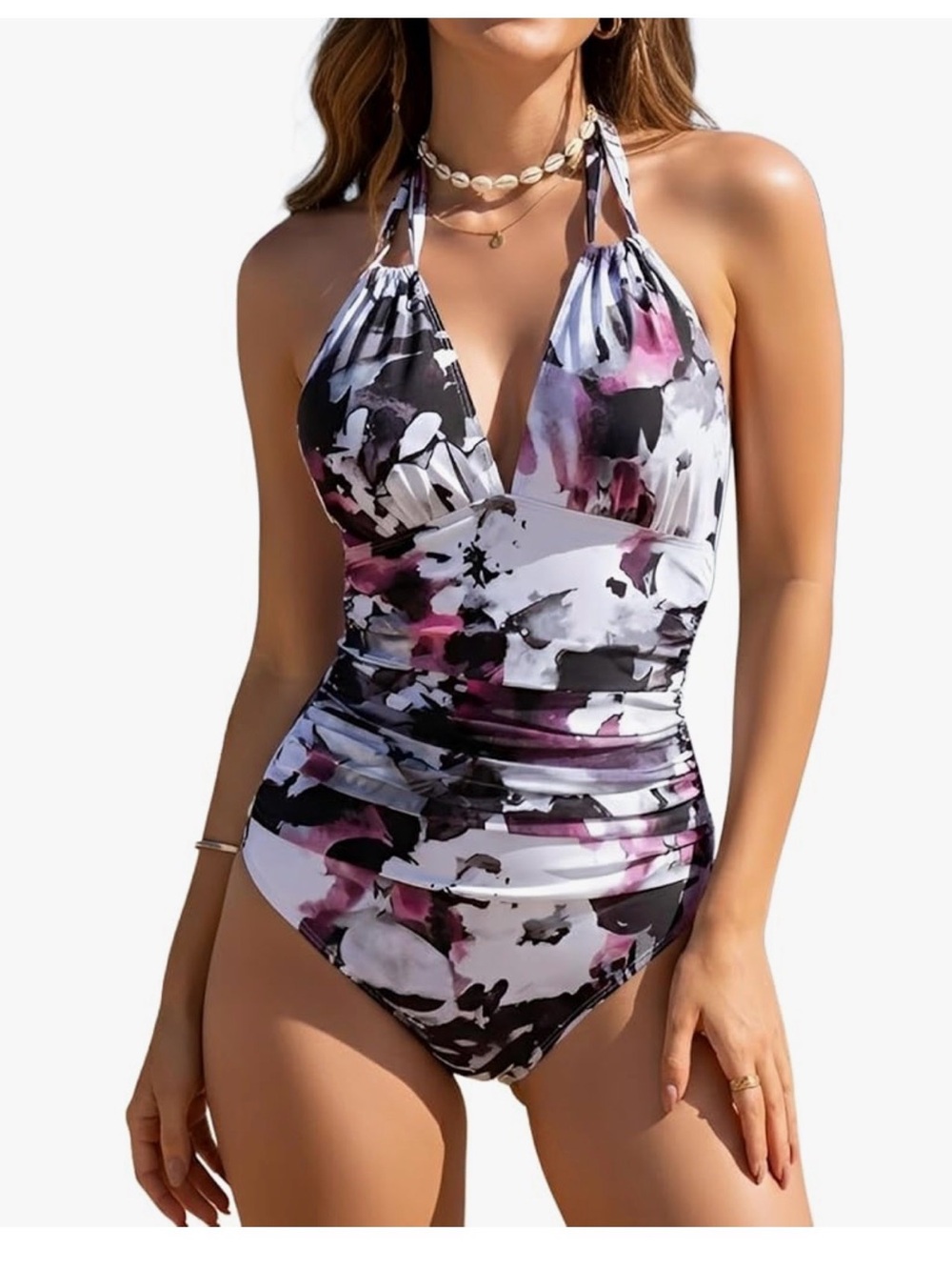 Abstract Halter One-Piece Swimsuit in Black, White & Pink